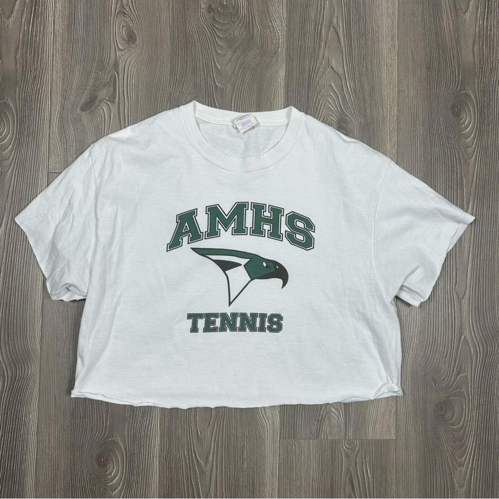 Vintage High School Tennis Cropped T-Shirt Green & Black Women’s L‎ Cut Hem